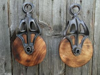 TWO Antique/VINTAGE CAST Iron AND WOOD PULLEYS ORNATE RUSTIC DECOR 2