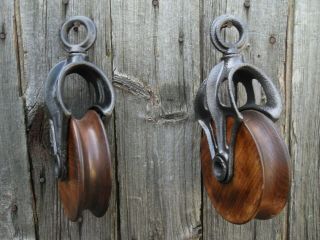 TWO Antique/VINTAGE CAST Iron AND WOOD PULLEYS ORNATE RUSTIC DECOR 3