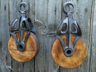 TWO Antique/VINTAGE CAST Iron AND WOOD PULLEYS ORNATE RUSTIC DECOR 5