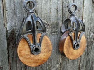 TWO Antique/VINTAGE CAST Iron AND WOOD PULLEYS ORNATE RUSTIC DECOR 6