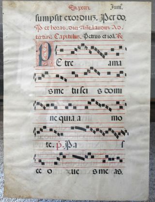 Rare Medieval Illuminated Antiphonal Manuscript Music Sheet Leaf Page