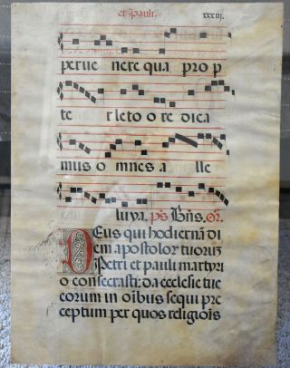 Rare Medieval Illuminated Antiphonal Manuscript Music Sheet Leaf Page 2