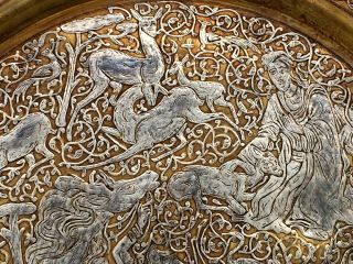 Big Islamic Silver Inlay Tray Cairoware Persian Mamluk Animals Figures 40cm