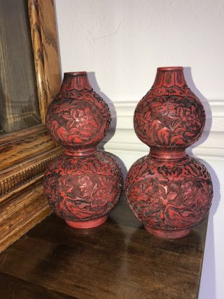 Antique Chinese Cinbar Vases With Gold Gilded Halmark To The Base