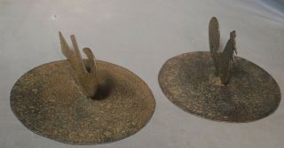 2 Antique Early American Pennsylvania Wrought Iron Pot Lid Figural Finial BIRDs 10