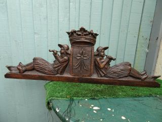 19thC GOTHIC BLACK FOREST WOODEN OAK PEDIMENT WITH SEATED FIGURES c1880s 4