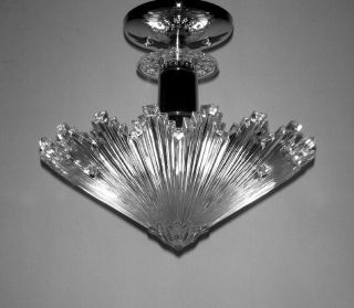 Vintage Art Deco Starburst Shade Restored 3 Bulb Chrome Ceiling Light Fixture