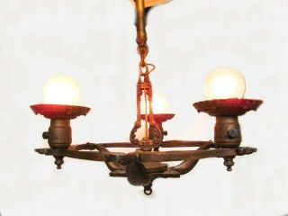 Vintage Art Deco Hanging Chandelier 1920 ' s Cast Aluminum Small 3 LightPolychrome 8