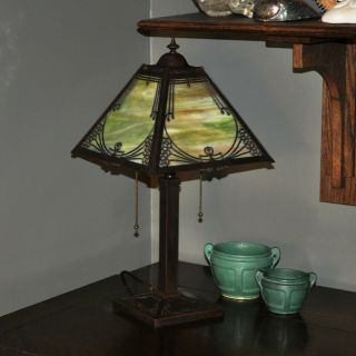 Antique Arts & Crafts Miller Slag Glass Desk Lamp 3