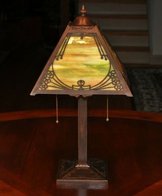 Antique Arts & Crafts Miller Slag Glass Desk Lamp 6