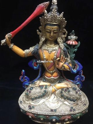 Tibet Nepal Handicraft Silver Filigree Inlay Red Gem Manjusri Avalokitesvara