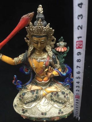 Tibet Nepal handicraft silver filigree inlay Red Gem Manjusri Avalokitesvara 2