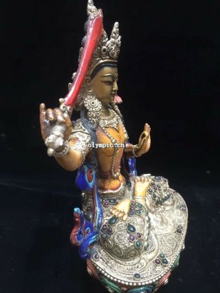 Tibet Nepal handicraft silver filigree inlay Red Gem Manjusri Avalokitesvara 3