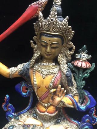 Tibet Nepal handicraft silver filigree inlay Red Gem Manjusri Avalokitesvara 5
