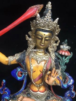 Tibet Nepal handicraft silver filigree inlay Red Gem Manjusri Avalokitesvara 6