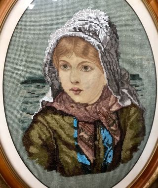 Framed Antique Beadwork Portrait Young Girl / Embroidery / Tapestry