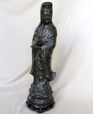 25.  5 " Antique ? Chinese Or Japanese Inlaid Bronze Kwan - Yin Statue W/ Wood Stand