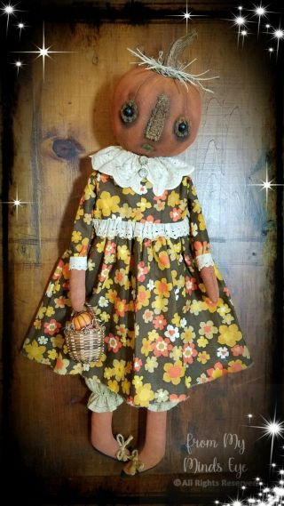 ☆ Primitive Folk Art Halloween Fall Ooak Pumpkin Doll W/basket Sit Or Hang ☆