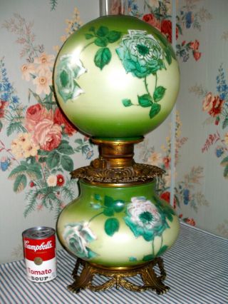 C.  1900 Fostoria Green Roses Gwtw Parlor Banquet Lamp,  Victorian Antique