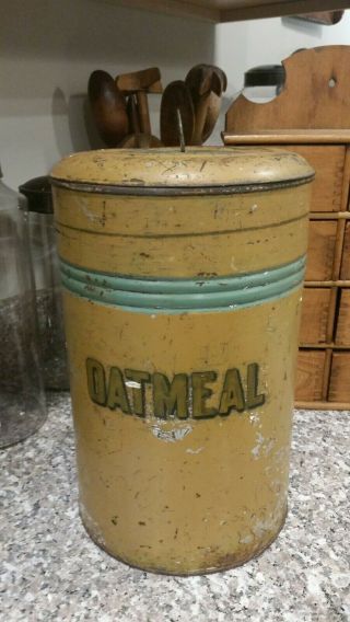 Early Antique Tin Storage Canister Labeled Oatmeal.  Old Mustard Paint.  Aafa