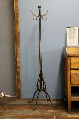 Vintage Antique Hall Tree Coat Rack Gold paint Cast Iron Legs 8 Hook Hats old 9