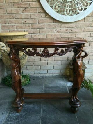 Rare Antique Burl Mahogany Lady Carved Column Front Legs Demilune Table