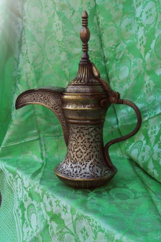 Huge Antique Brass Inlaid Silver Dallah islamic Coffee Pot Arabic,  17 INCHES 2