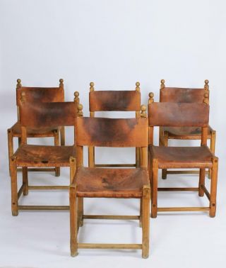 Vintage Hungarian Handcrafted Folk Art Rustic Oak And Leather Dining Chairs