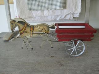 19th Century Primitive Gibbs Toy Horse And Red Paint Wood Wagon Aafa
