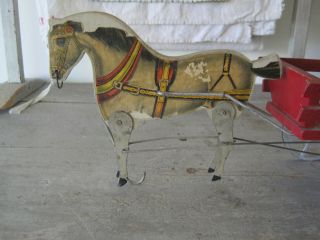 19th Century Primitive Gibbs Toy Horse and Red Paint Wood Wagon AAFA 2