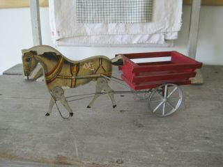 19th Century Primitive Gibbs Toy Horse and Red Paint Wood Wagon AAFA 3