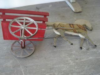 19th Century Primitive Gibbs Toy Horse and Red Paint Wood Wagon AAFA 6