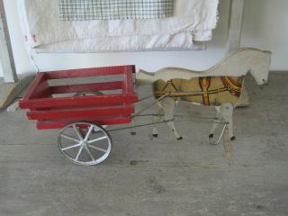 19th Century Primitive Gibbs Toy Horse and Red Paint Wood Wagon AAFA 8