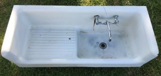 Antique 1900s Cast Iron Farm Sink High Back Single Bowl Drain Board
