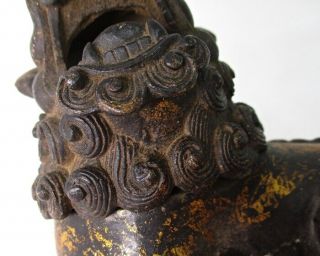 H538: Chinese incense burner of copper of foo dog statue with sign. 2
