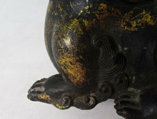 H538: Chinese incense burner of copper of foo dog statue with sign. 3