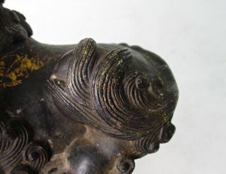 H538: Chinese incense burner of copper of foo dog statue with sign. 4