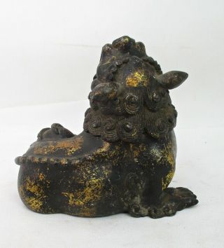 H538: Chinese incense burner of copper of foo dog statue with sign. 6