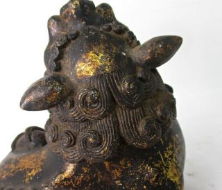 H538: Chinese incense burner of copper of foo dog statue with sign. 7