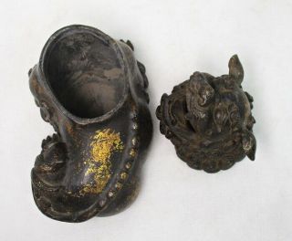 H538: Chinese incense burner of copper of foo dog statue with sign. 8