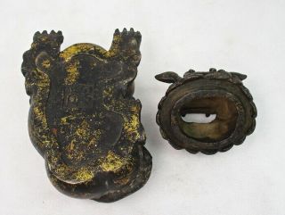 H538: Chinese incense burner of copper of foo dog statue with sign. 9