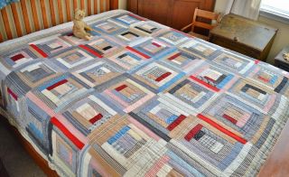 Antique Hand Stitched Calico Log Cabin Quilt