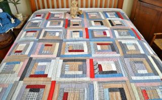 Antique Hand Stitched Calico Log Cabin Quilt 2