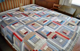 Antique Hand Stitched Calico Log Cabin Quilt 3