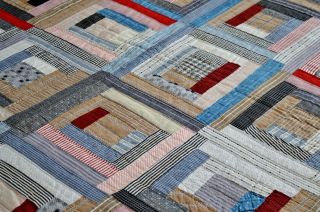 Antique Hand Stitched Calico Log Cabin Quilt 4