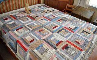 Antique Hand Stitched Calico Log Cabin Quilt 5