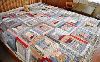 Antique Hand Stitched Calico Log Cabin Quilt 7