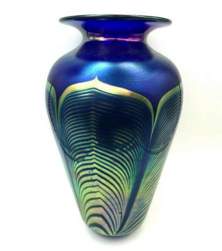 Jeffrey Correia Hand Crafted Studio Art Glass Blue Iridescent Vase Signed