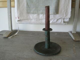 19th Century Primitive Blue Green Paint Tin Candle Holder With Tab Aafa