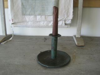 19th Century Primitive Blue Green Paint Tin Candle Holder with Tab AAFA 9